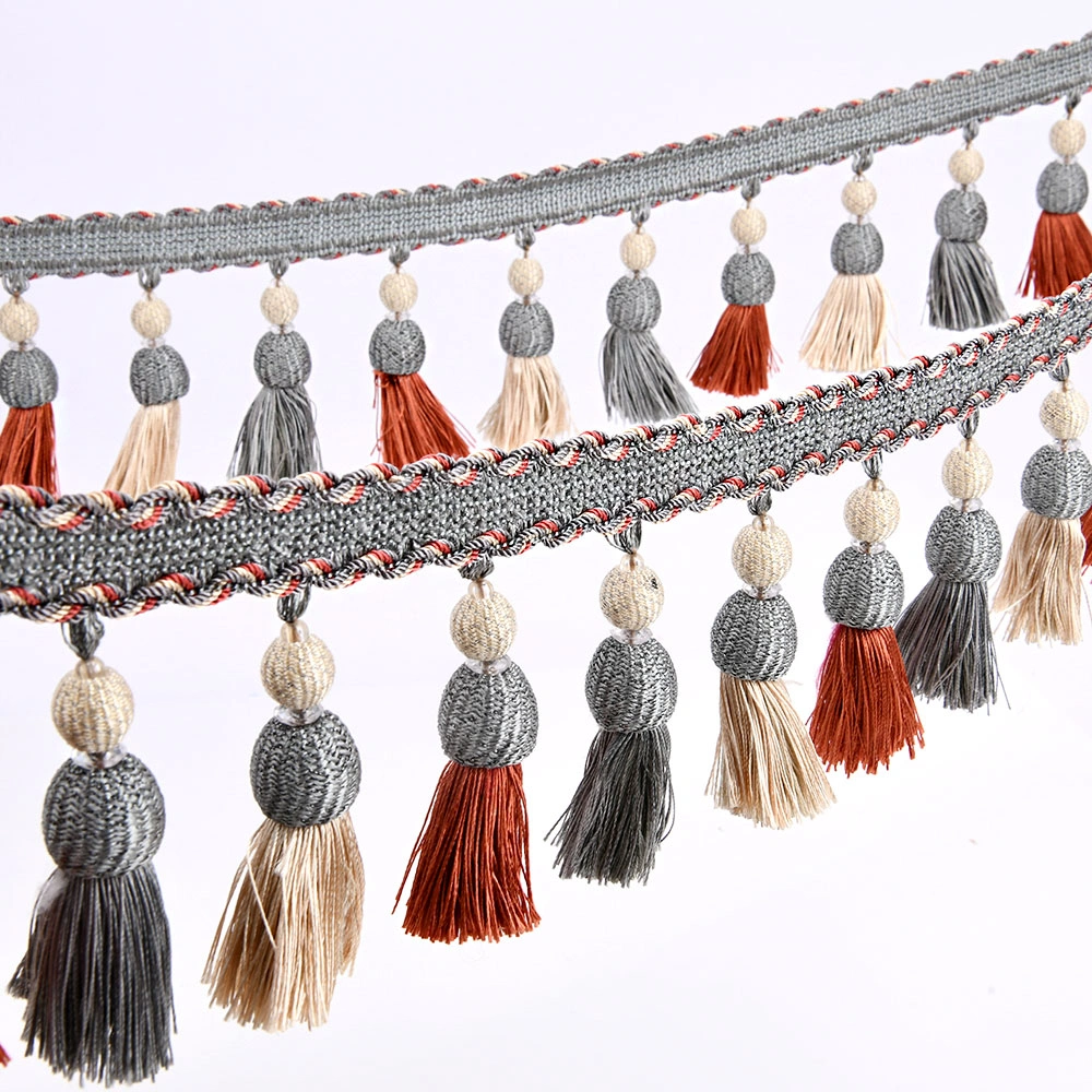 Pom pom curtain fringe trim close-up of polyester tassels