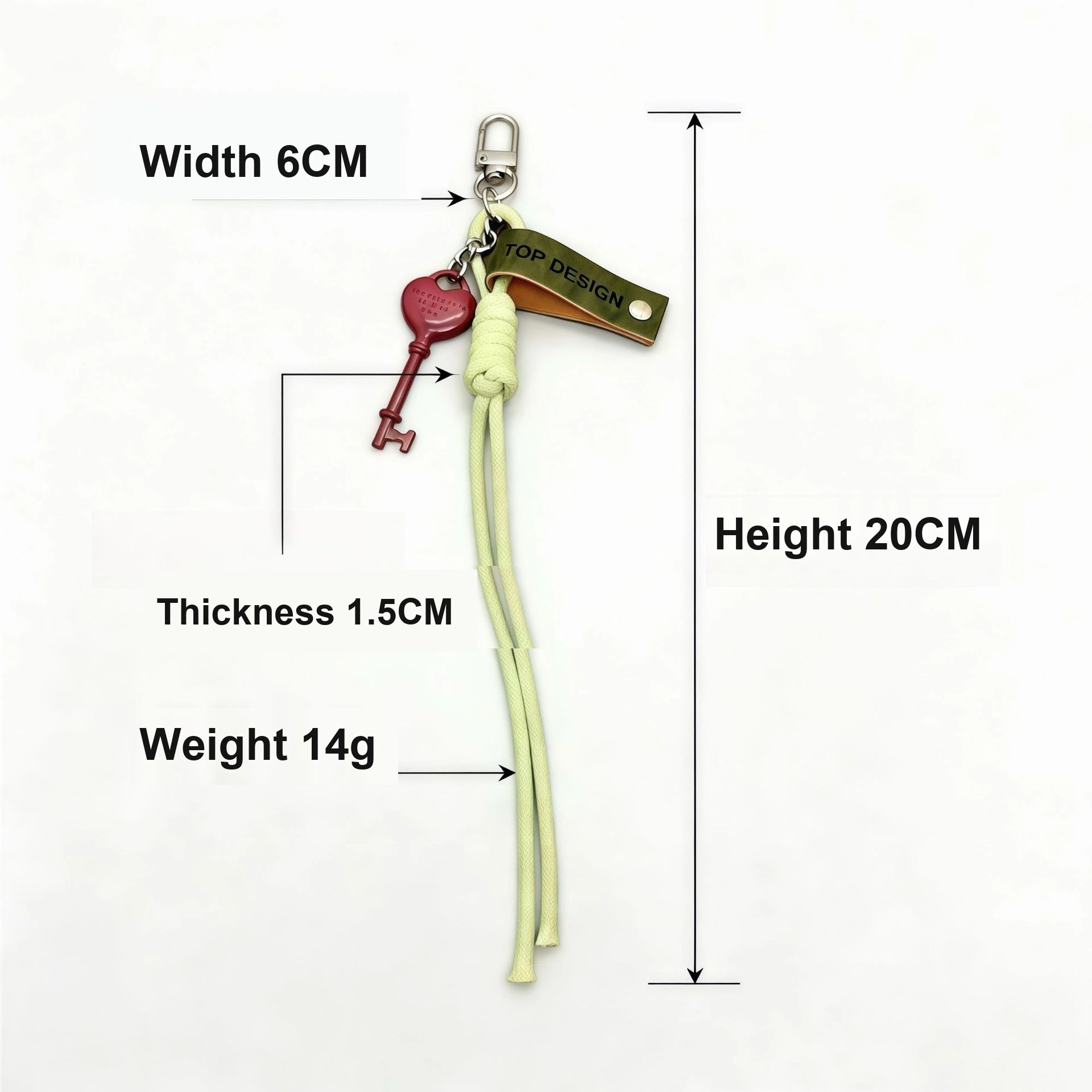Heart key charm keychain with 20cm length markings