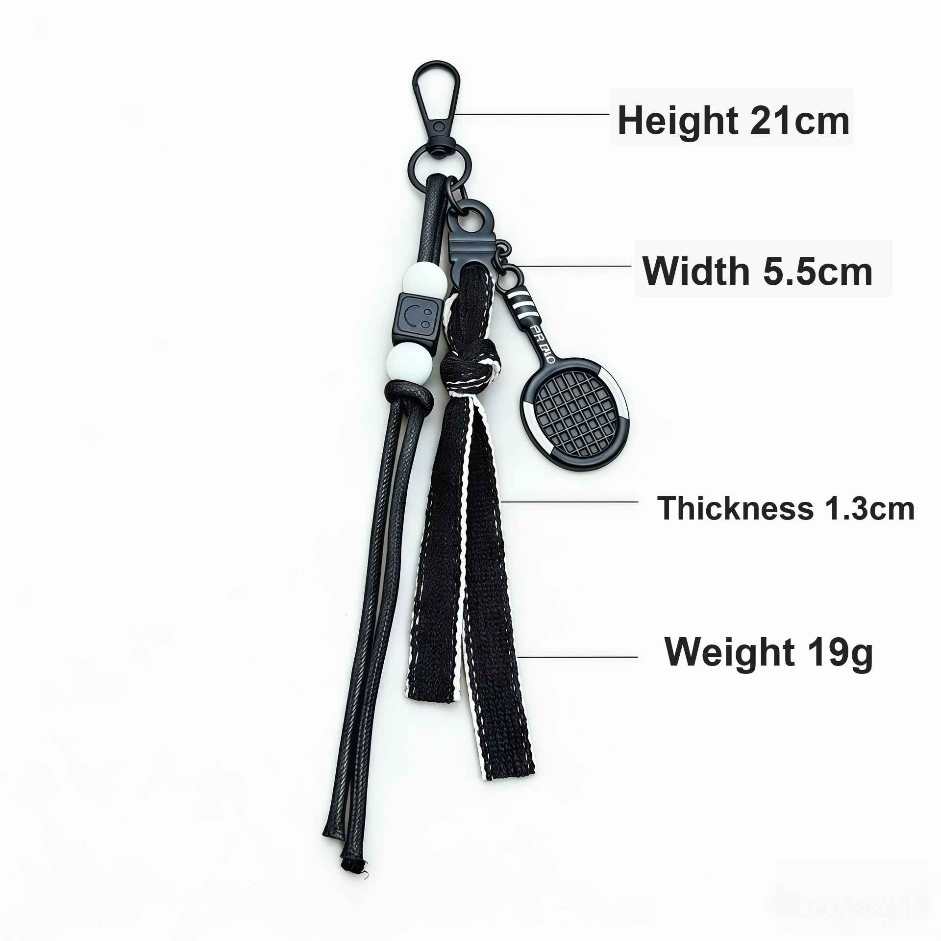 Tennis racket charm with 21cm height markings