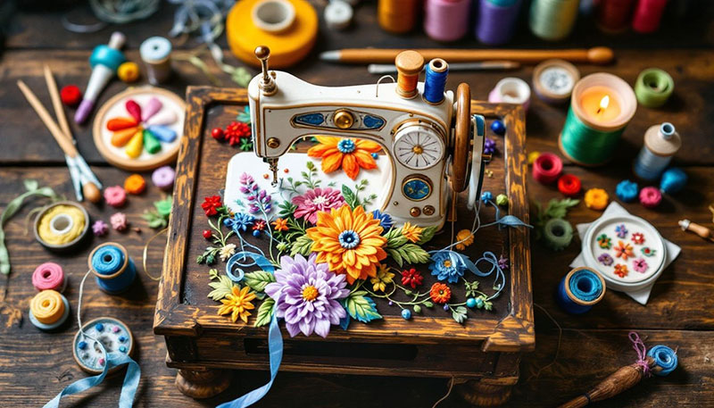 An embroidery machine set up with various threads and accessories ready for use.