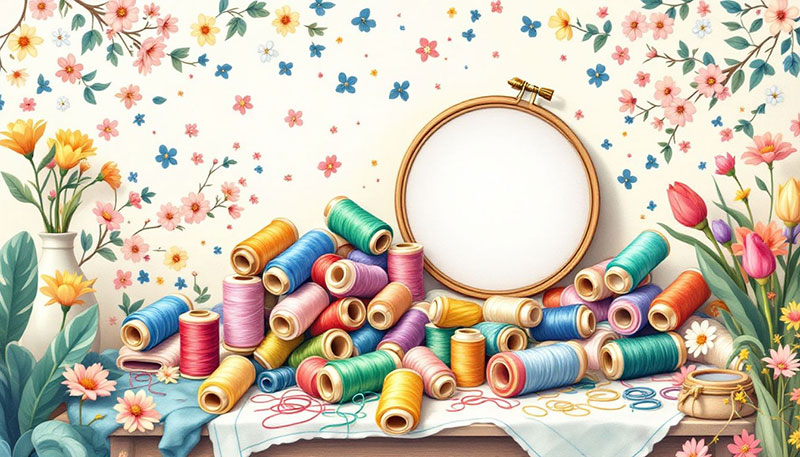 A selection of professional embroidery tools and accessories including needles and thread.