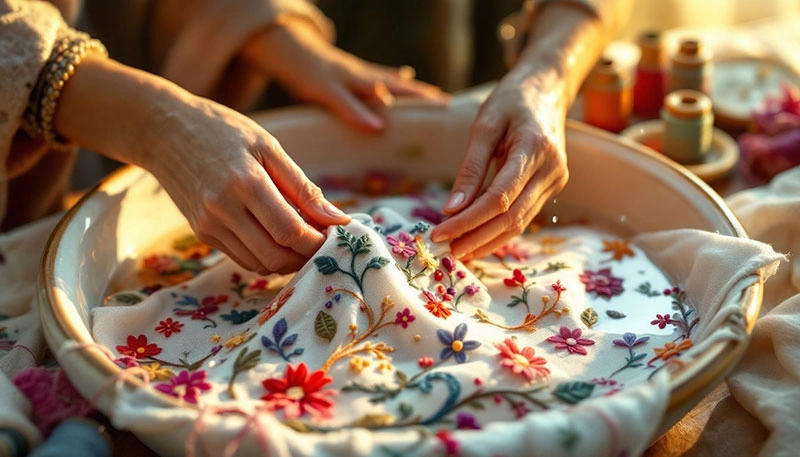 A person carefully washing embroidered fabric to protect the threads.