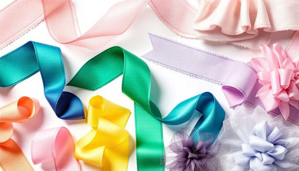 A variety of ribbons including double faced satin ribbon displayed together.