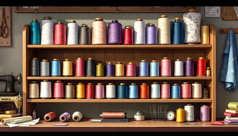 Quality sewing threads displayed on a shelf, emphasizing the importance of choosing high-quality threads for sewing projects.