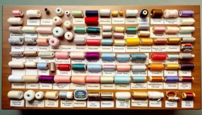 Different types of sewing threads displayed.