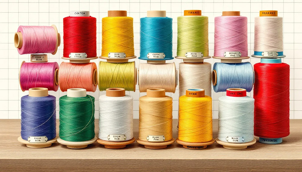 Polyester thread spools in assorted colors, ready for sewing projects.