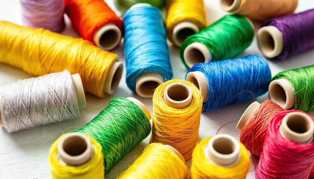 Close-up of cotton thread spools, highlighting their texture and color.