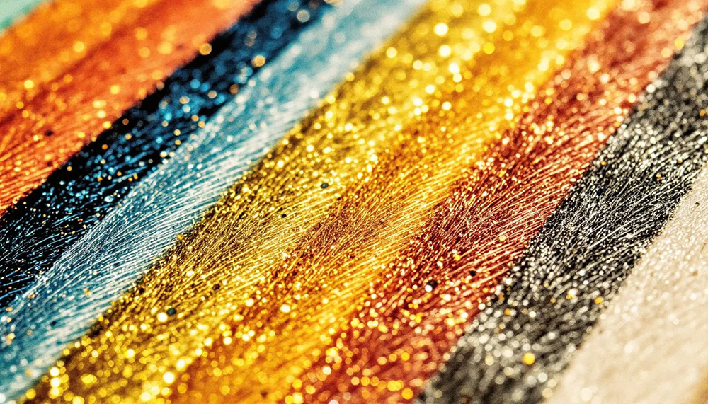 Metallic threads in various colors, glistening under light.