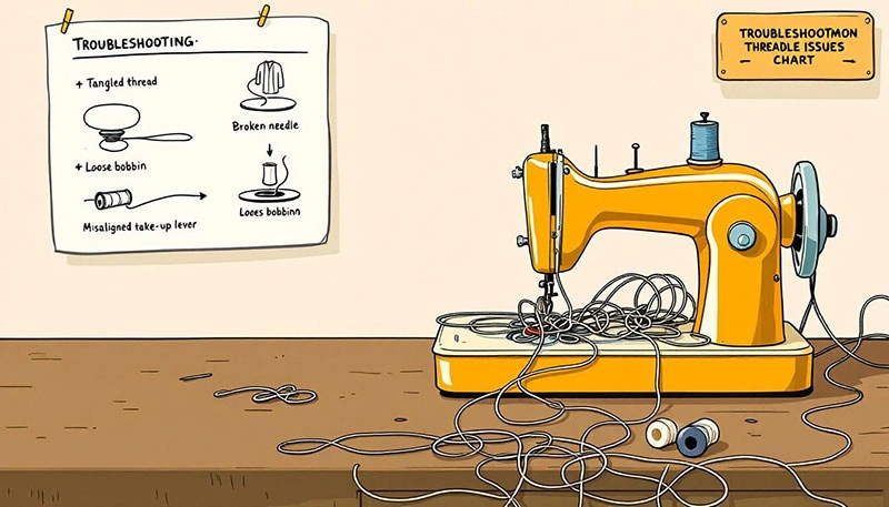 A sewing machine with visible thread issues, highlighting common troubleshooting problems.