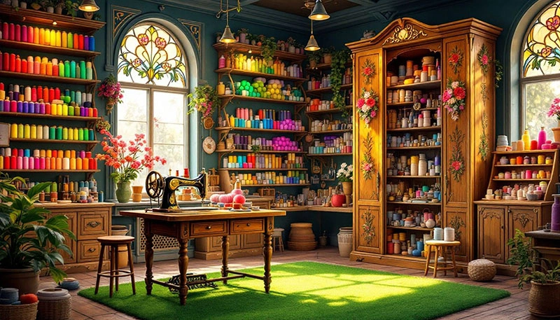 A sewing shop filled with various thread supplies.