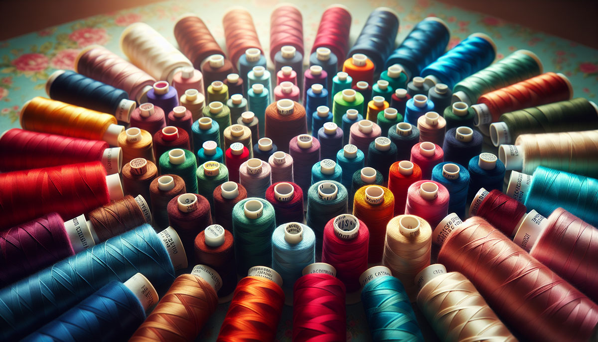 An illustration of various types of sewing threads including cotton and polyester thread.