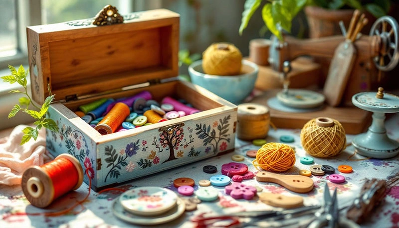 Essential sewing tools and accessories including threads.