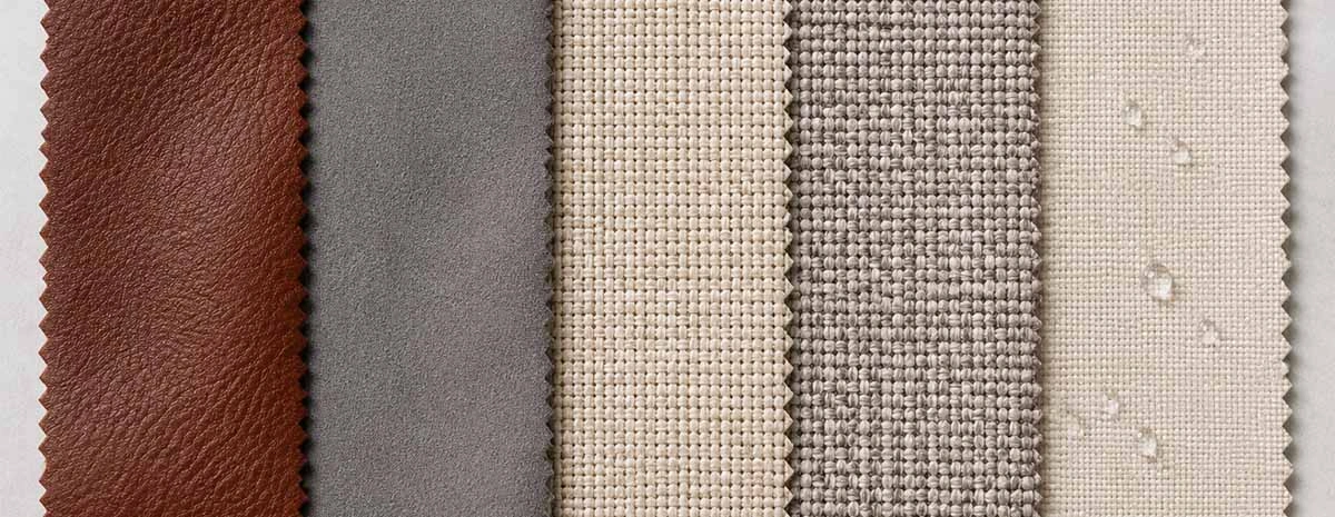Five durable upholstery families, left to right: leather, microfiber, woven polyester, textured olefin, and a water-repellent performance fabric.