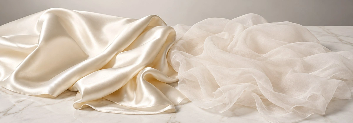 Side-by-side comparison of silk and chiffon fabric swatches showing texture and drape differences for B2B sourcing
