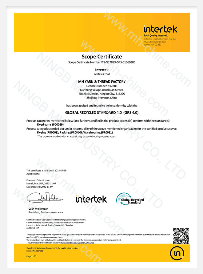 polyester sewing threads certificate