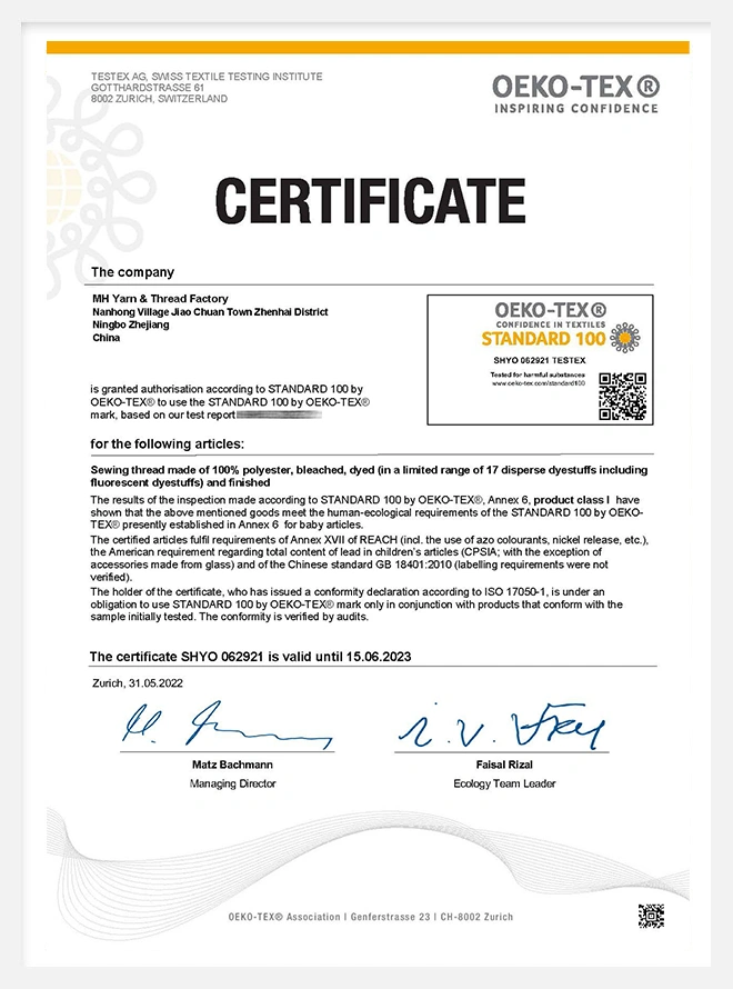 polyester sewing threads certificate