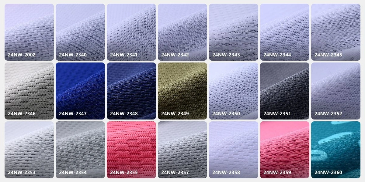 Birdseye mesh fabric swatch card with real polyester fabric samples in multiple dyed-to-order colors
