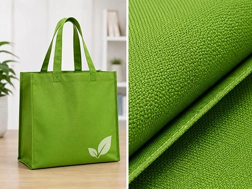 Green 210D Oxford fabric for reusable shopping tote bags with lightweight woven texture and seam detail