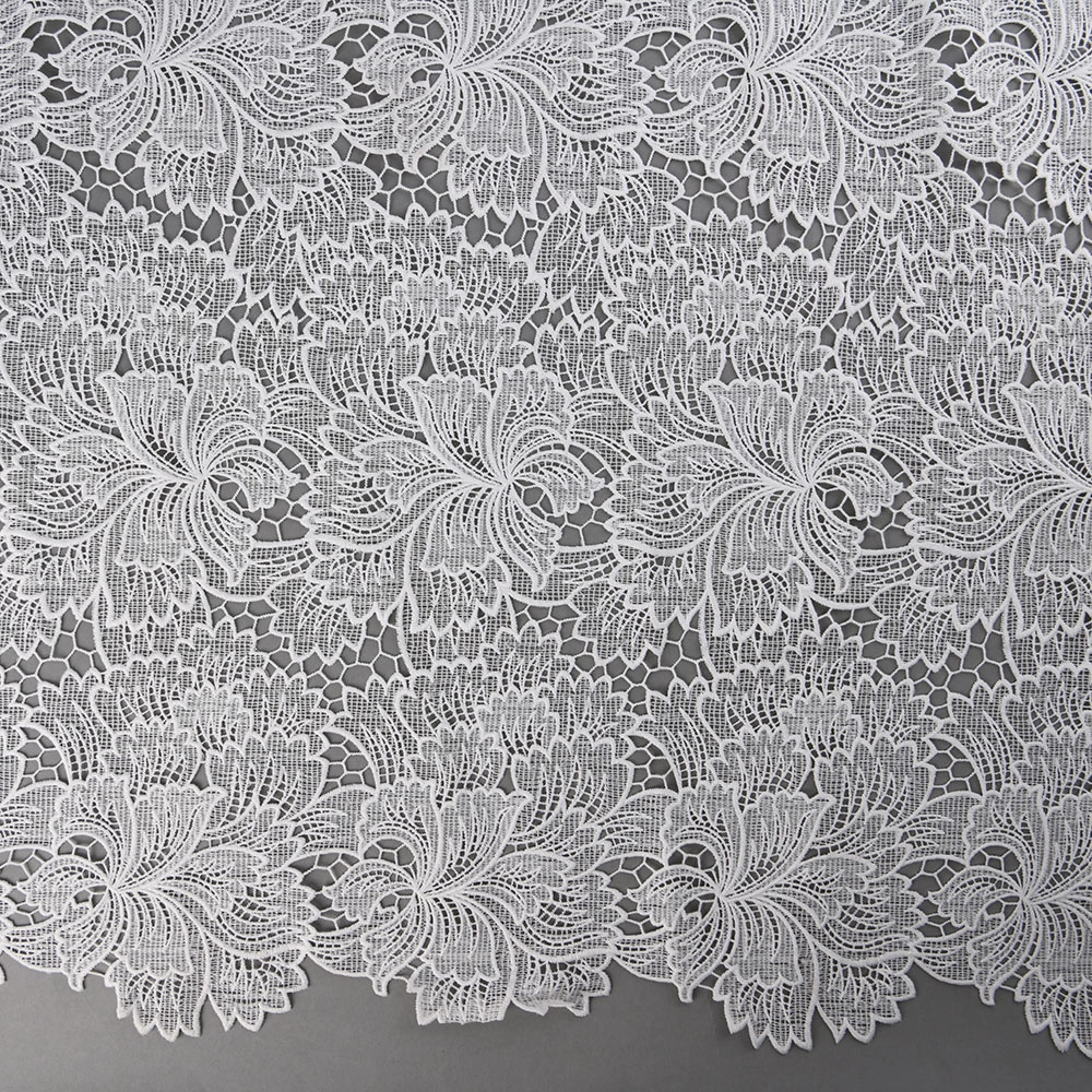 Ecru 100% polyester floral and stripes guipure lace fabric