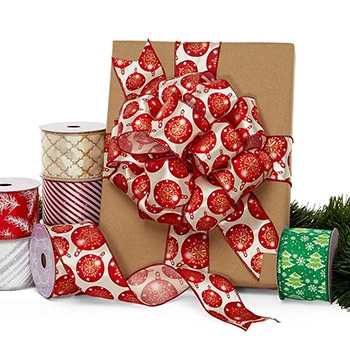 Christmas tree ribbon - 63mm White and Red Glitter Wired Satin Ribbon