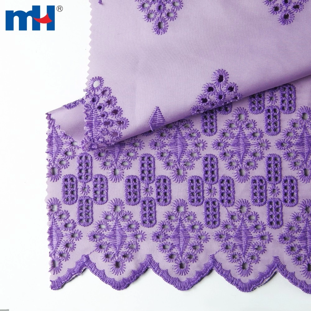 Purple Cotton Embroidered Eyelet Lace Fabric