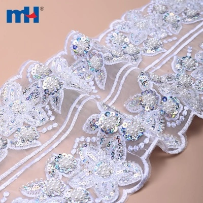 Wide Organza Lace Trim with Beads & Sequins