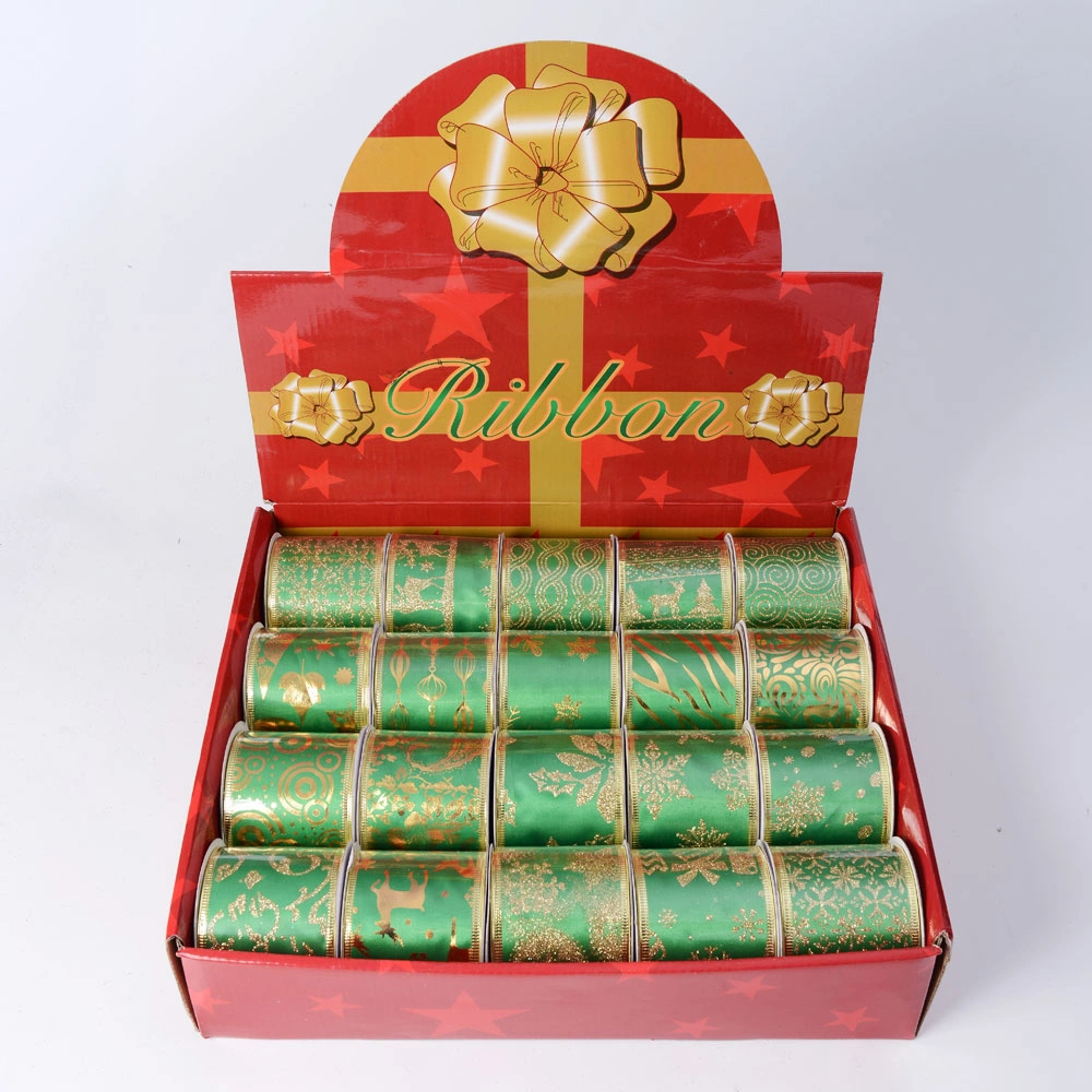 63mm gold glitter Christmas wired ribbon display box