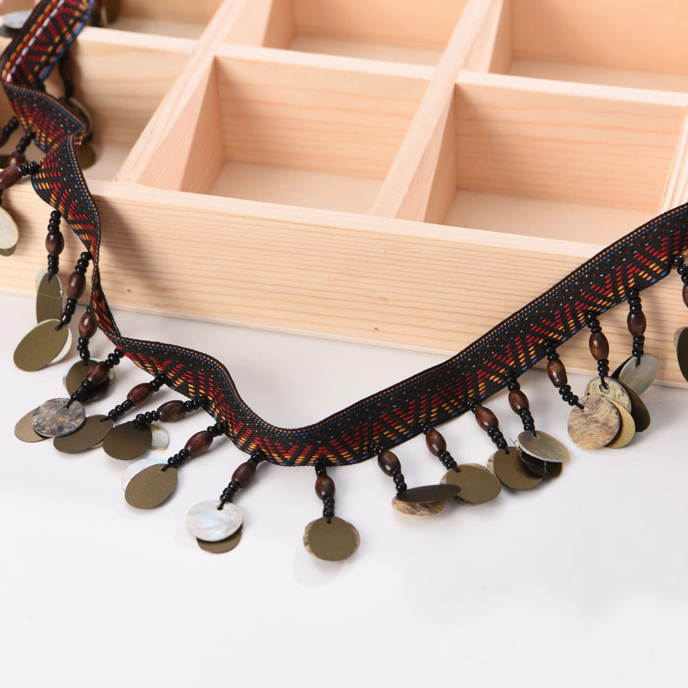 ethnic style copper coin bead tassel fringe trim close view