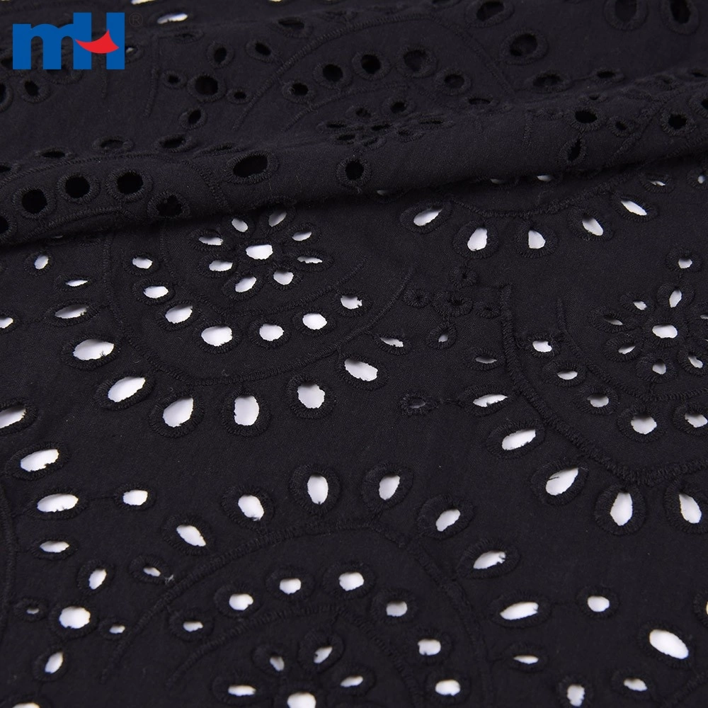 Black Embroidered Cotton Poplin Fabric: 100% Cotton Fabrics from